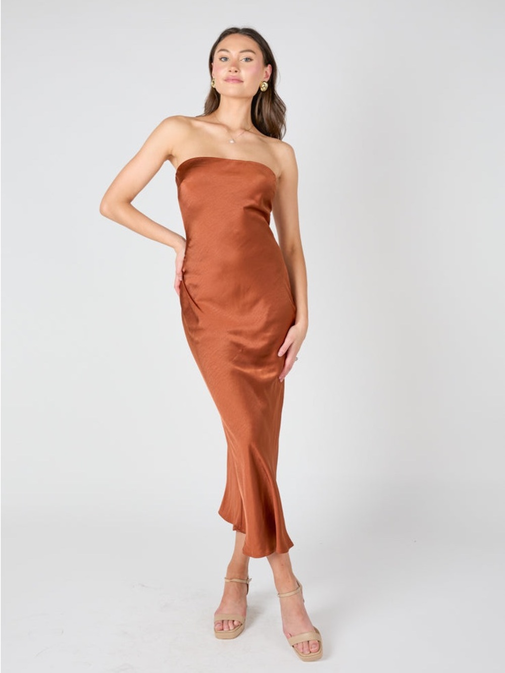 Vestique Strapless Satin Slip Dress in Copper